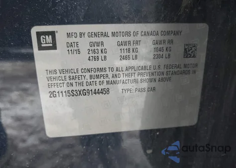 2016 Chevrolet Impala 2Lt z USA, uszkodzony, nr VIN 2G1115S3XG9144458